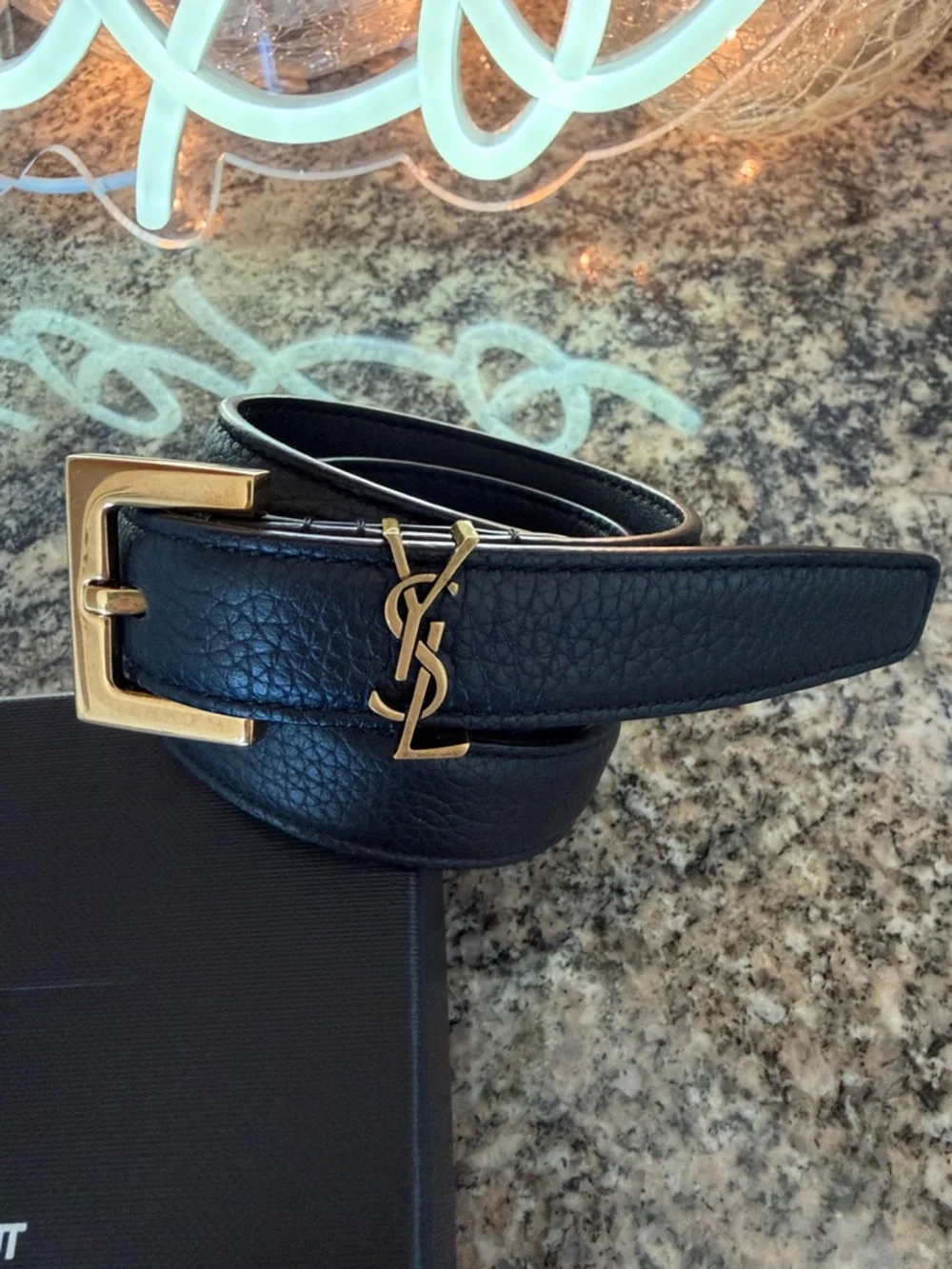 Yves Saint Laurent Cassandre Thin Belt in Grained Leather